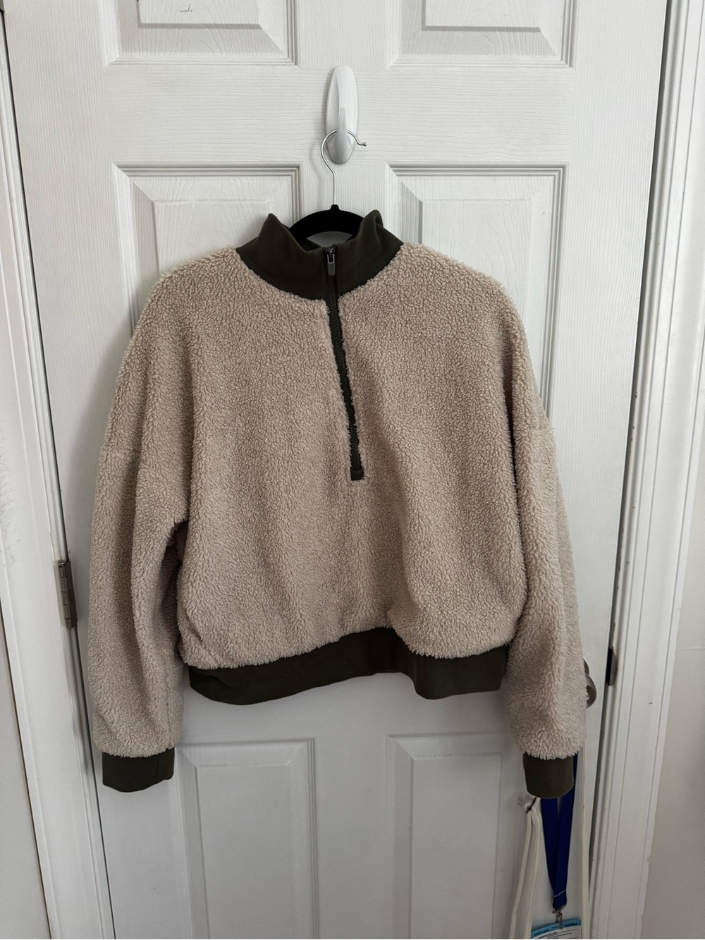 Fabletics Cream Sherpa Half-Zip Pullover with Olive Trim